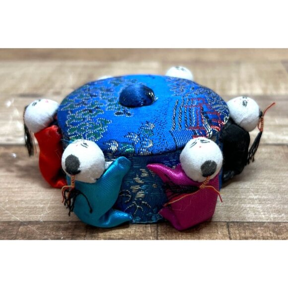 1960's Handmade Decorative Brocade Blue Fabric Box With Lid Asian - Picture 2 of 3